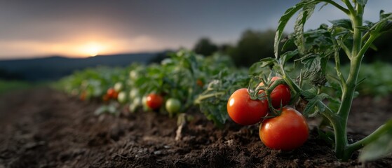 Harvesting ripe tomatoes farm fields photography rural landscape close-up view sustainable agriculture