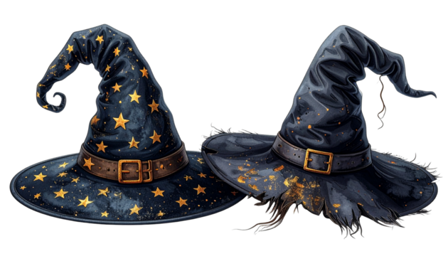 Dual spooky pointed hat collection isolated on transparent background