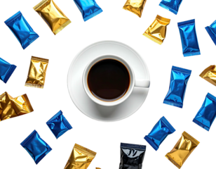 Coffee and gold/blue packets