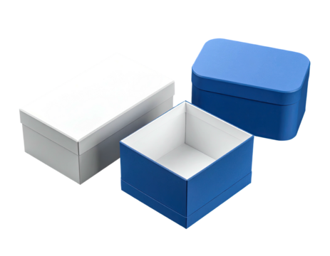 Two empty gift boxes, one white, one blue