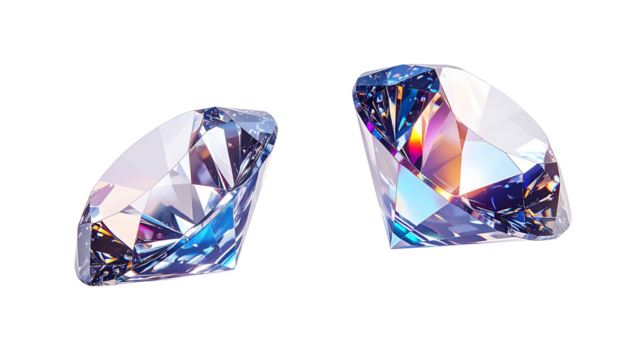Pair of brilliant cut crystal diamonds isolated on transparent background b