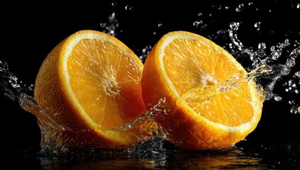 Two orange halves burst apart, with water splashing against a black background