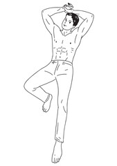 A black and white linear illustration 
A shirtless young man poses with his hands on his head.
He shows off his muscular physique.