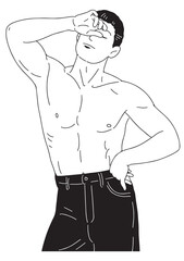 Fototapeta premium A black and white linear illustration A young man stands with his hands on his hips, his other hand on his forehead. He shows off his muscular body.