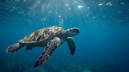 Obraz premium A serene green sea turtle gracefully glides through the tranquil blue ocean, bathed in shimmering sunbeams filtering from the surface