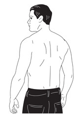Fototapeta premium A black and white linear illustration A young man stands naked from the top, his back turned, showing off his beautiful muscles.