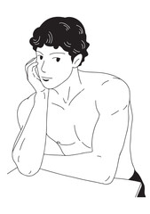 A black and white linear illustration 
A young man stands with his upper body naked, his hands resting on his chin, showing off his beautiful muscles.