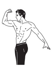 A black and white linear illustration 
A young man stands shirtless, showing off his beautiful muscles.