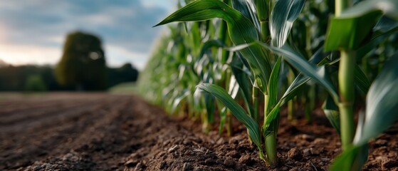 Growing corn agricultural field nature photography sunny environment ground level sustainable farming practices