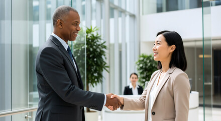 Smiling business partners shaking hands in a bright corporate setting