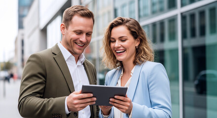 Obraz premium Happy business professionals enjoying content on a digital tablet in the city