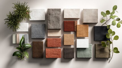 Fabric samples arranged with plants for design inspiration on a neutral background