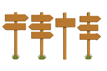 Wooden signpost collection. Vector set of rustic direction arrows. Blank wood roadsigns for guidance, choice, navigation. Cartoon empty signboard pointer for pathfinding.