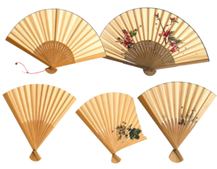 Six handcrafted paper fans, light beige color with floral designs