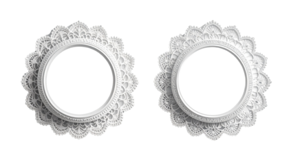 Pair of decorative circular lace frames isolated on transparent background