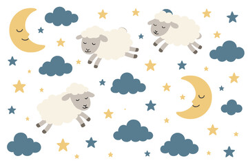 Night seamless pattern with cute sleeping sheep. Kids bedtime vector background with jumping lambs, moon, stars. Counting sheep concept for nursery decor, wallpaper, fabric.