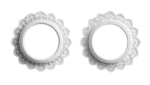 Pair of decorative circular lace frames isolated on transparent background