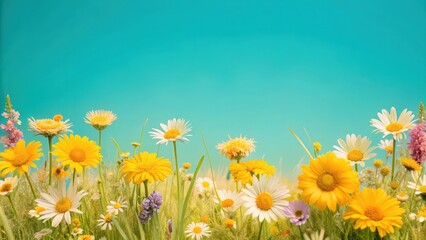 Serene spring meadow with vibrant wildflowers and lush green grass under a clear blue sky