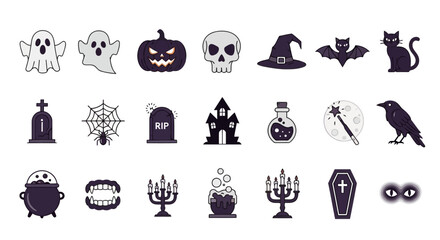 Obraz premium Collection of spooky and cute Halloween icons for holiday celebration. Vector set includes ghost, pumpkin, skull, witch hat, and other creepy symbols