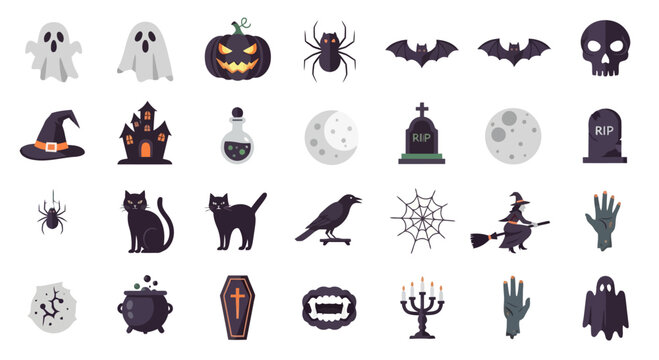 A set of spooky undead character and horror element vector icons perfect for Halloween designs, featuring gravestones, biohazard symbols, and zombie illustrations