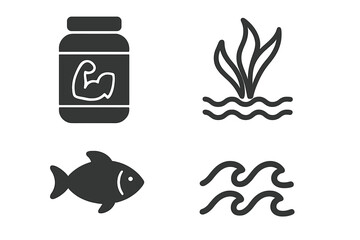 Protein and sea icon set. Vector collection of fitness supplement, fish, seaweed and wave symbols. Natural nutrition, bodybuilding and seafood concept for graphic design.