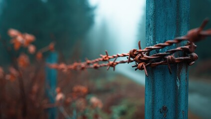 Close-up of rusty barbed wire wrapped around a weathered, blue metal post against blurred woods