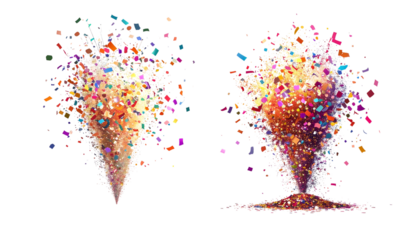 Pair of festive party confetti bursts isolated on transparent background