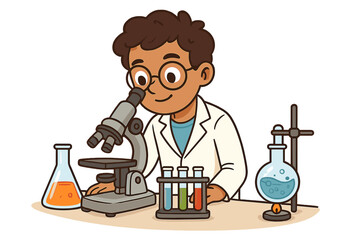 Young scientist boy doing research in a lab. Student conducting science experiment. Chemistry and biology concept. Vector cartoon illustration with microscope, test tubes, flasks.