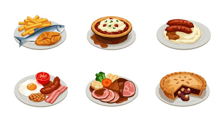 Vector art of collection of six traditional british meals and desserts