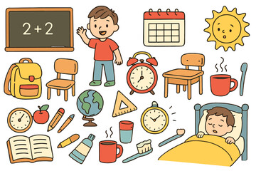 Back to school doodle collection. Cute cartoon student character morning routine and education icon set. Vector clipart pack of classroom elements, chalkboard, backpack, globe.