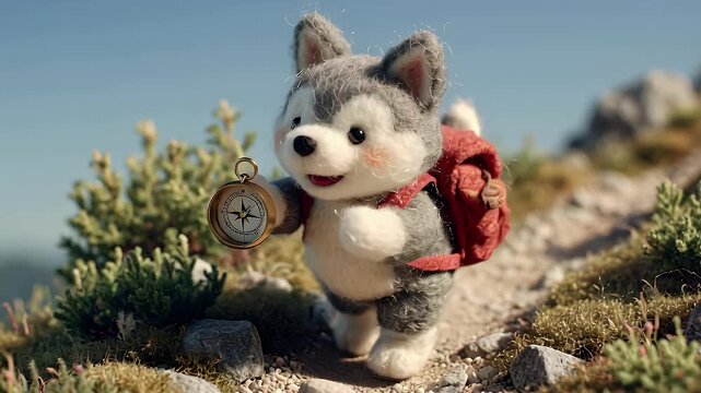 Animated husky pup hiking on a rocky trail with backpack and compass