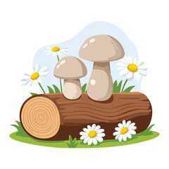 Serene Image of Woodland Fungi Cluster on a Cut Log Amidst a Carpet of Delicate White Daisies Under a Clear Sky	