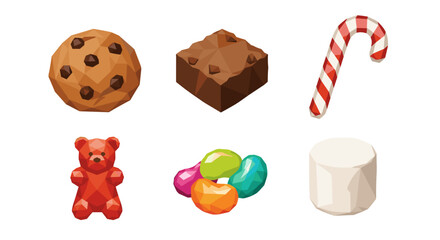 Fototapeta premium Vector art of collection of sweet treats including a cookie, brownie, candy cane, gummy bear, jelly beans, and marshmallow