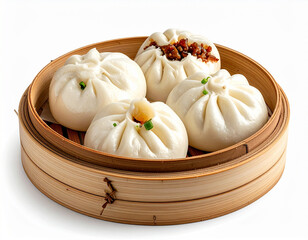 Four fluffy Chinese steamed buns (bao/bakpao) with various fillings, presented beautifully in a traditional bamboo steamer basket on white.