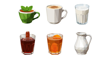 Vector art of collection of six different beverages in glasses and a pitcher