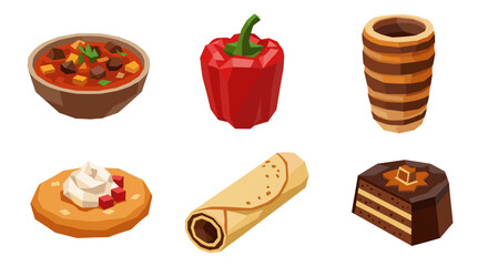 Vector art of a collection of hungarian dishes and ingredients