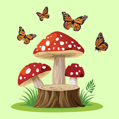 Delightful illustration of bright red spotted mushrooms surrounded by several monarch butterflies in a sunny meadow	
