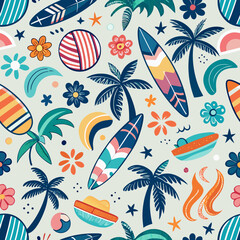 Hand drawn vector seamless pattern with surfboards, palm trees, ocean waves