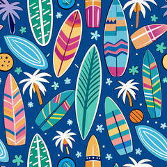 Hand drawn vector seamless pattern with surfboards, palm trees, ocean waves