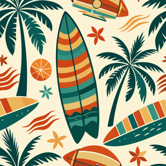 Hand drawn vector seamless pattern with surfboards, palm trees, ocean waves