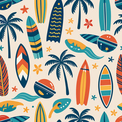 Hand drawn vector seamless pattern with surfboards, palm trees, ocean waves