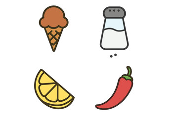 Vector design of taste and cooking product symbols including ice cream cone, salt shaker, lemon slice, and red chili pepper icons for food and flavor concepts