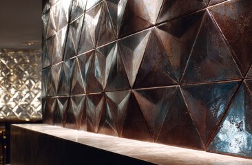 Architectural detail shows a geometric wall with triangular facets and a reflective surface