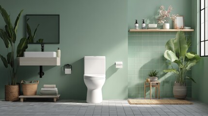 A bathroom with a toilet, plant and a mirror