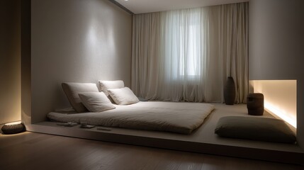 A bed with a white comforter and a lamp