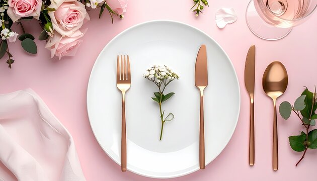 Elegant table setting with pink flowers and gold cutlery