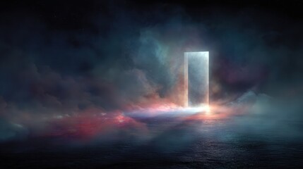 A dark, foggy, and foggy scene with a large white door