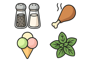 Vector illustration of taste and seasoning icons set including organic herbs, ice cream cone, spicy chicken drumstick, salt and pepper shakers for food and culinary designs