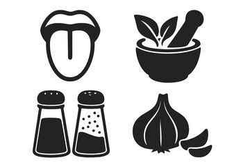 Vector illustration of taste and seasoning icons, including tongue, mortar and pestle with herbs, salt and pepper shakers, and garlic cloves, organic food cooking symbols, transparent background