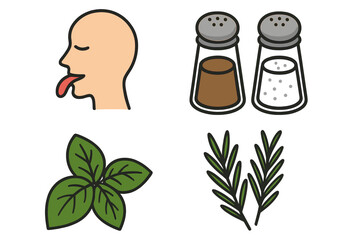 Vector illustration of taste and seasoning concept with human tongue, salt and pepper shakers, fresh basil and rosemary herbs, organic flavor set with transparent background